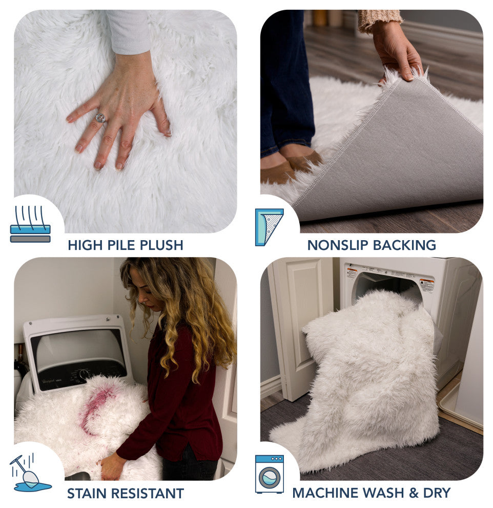 My Magic Carpet Washable Faux Fur White Shag Rug, 3'x5'