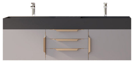 CastelloUSA Amazon 60" Wall Mounted Bathroom Vanity Set, Gray, Black Top, Gold Handles