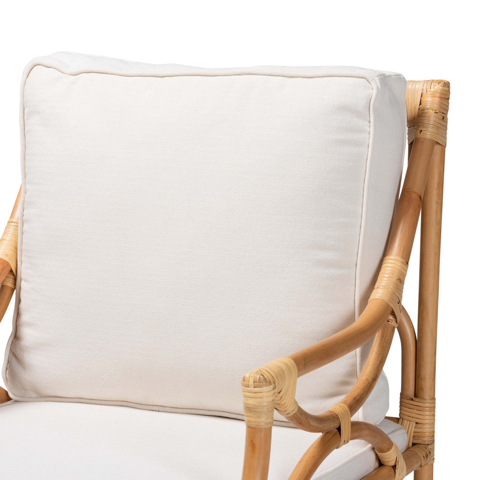 Layla Modern Bohemian White Upholstered and Natural Brown Rattan Armchair
