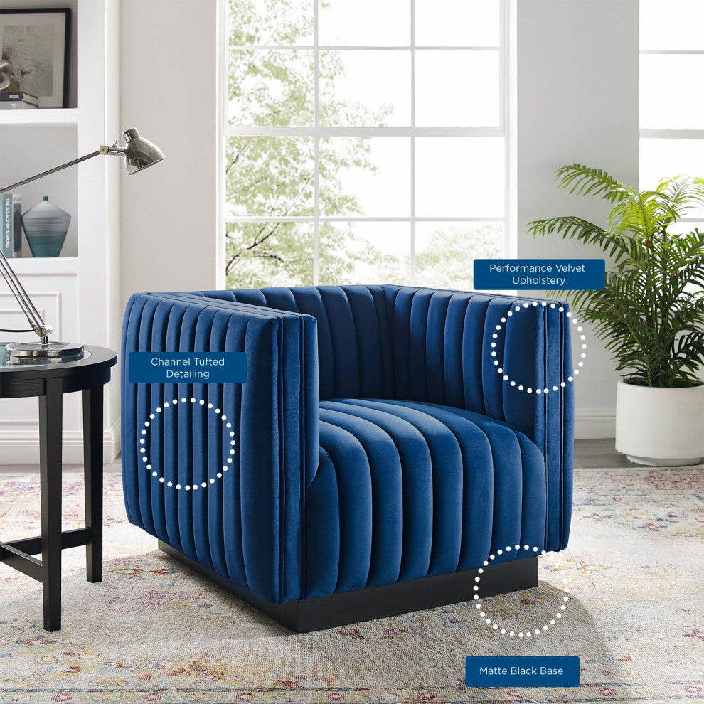 Tufted Armchair Accent Chair, Velvet, Blue Navy, Modern, Lounge Hospitality