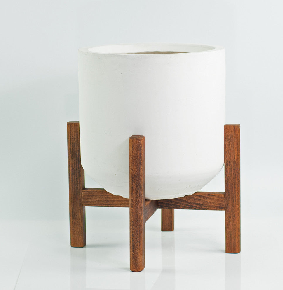 Extra Large Fiber Clay Pot 13'' White With Wood Plant Stand Set Walnut Color