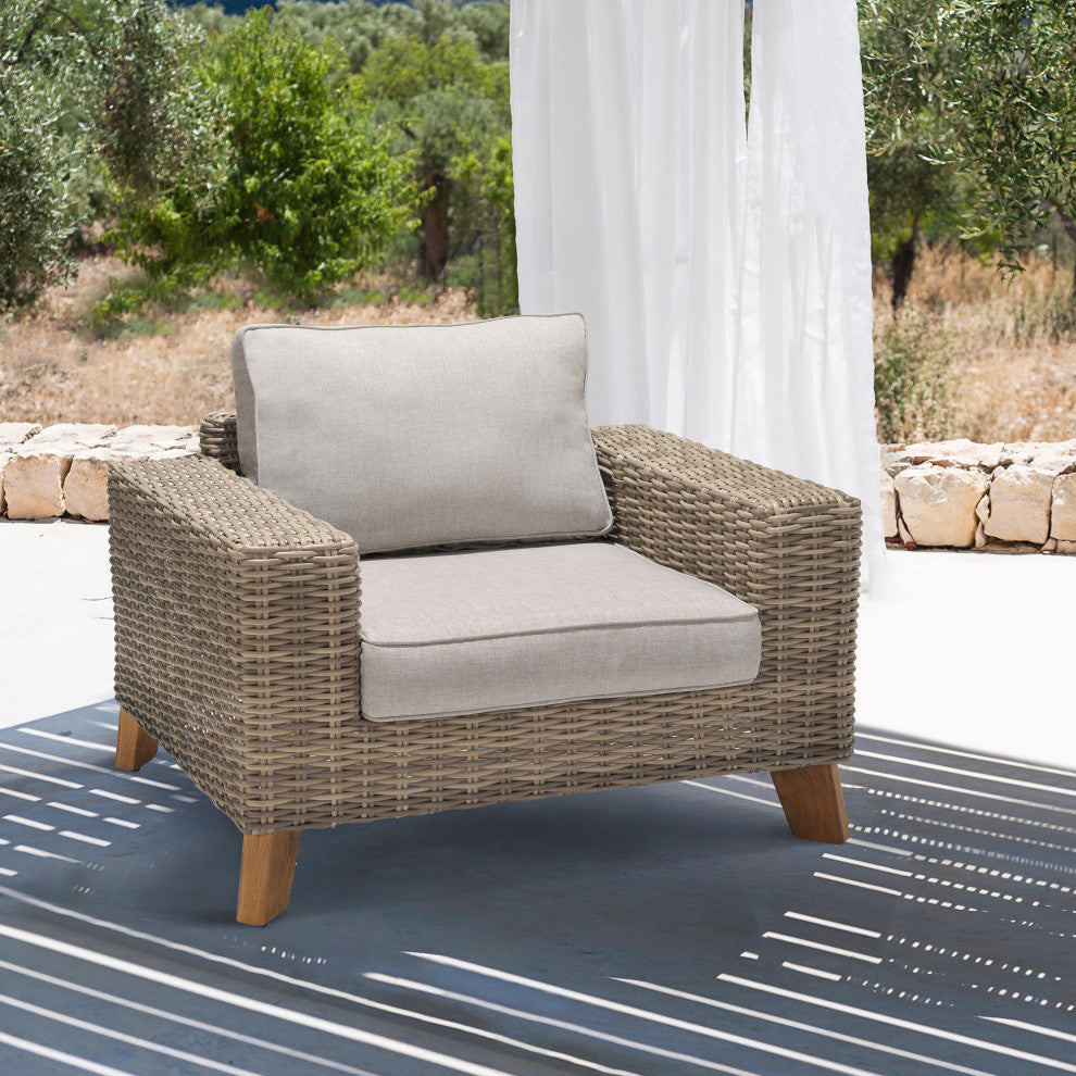 Bahamas Outdoor Wicker and Teak Wood Lounge Chair With Beige Olefin