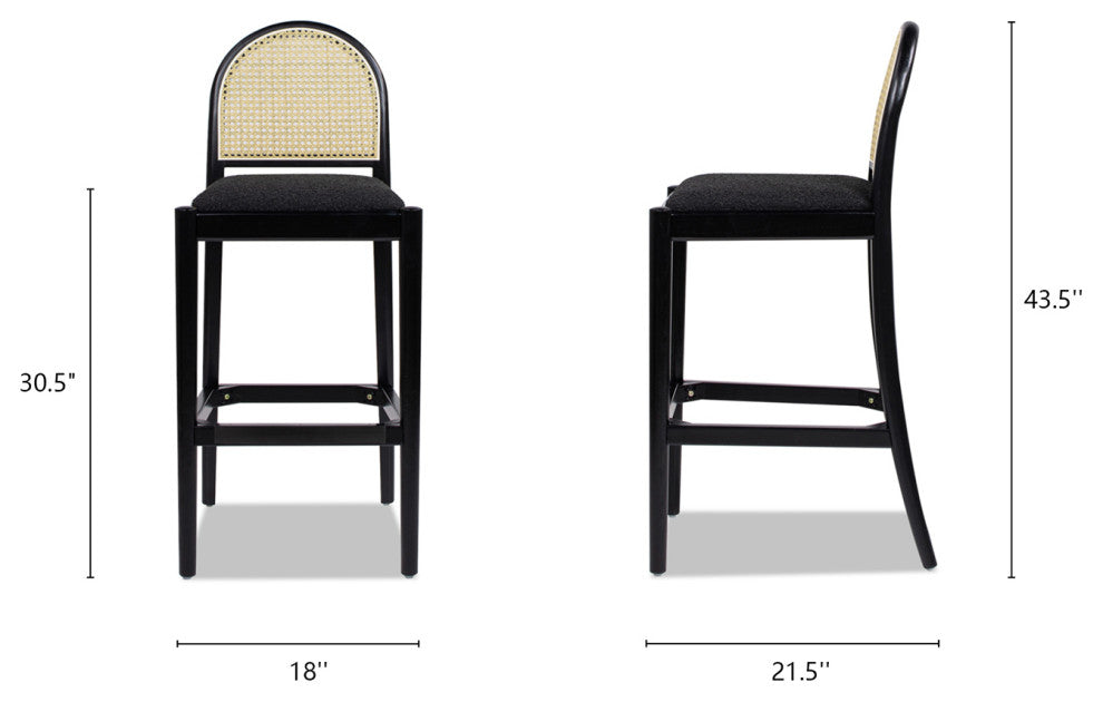 Panama Curved Back Cane Rattan Stool, Set of 2, Ebony Black Boucle, 30" Bar Height