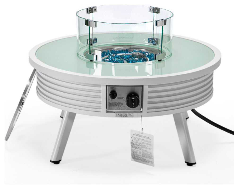 Leisuremod Walbrooke Patio Round Fire Pit Table With Aluminum Slats Frame, White