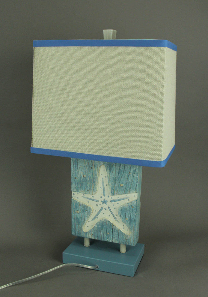 Blue and White Starfish Table Lamp With Linen Look Shade