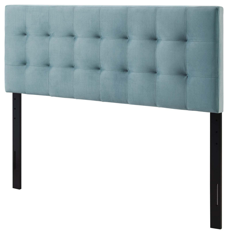 Contemporary Modern King Size Tufted Headboard, Velvet Fabric, Light Blue
