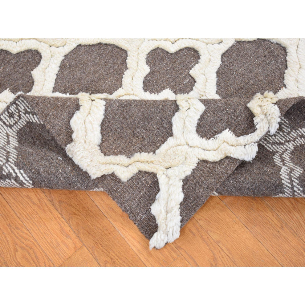 Ivory and Gray, Soft Wool, Hand Knotted, High and Lo Pile Rug, 9'3"x11'7"