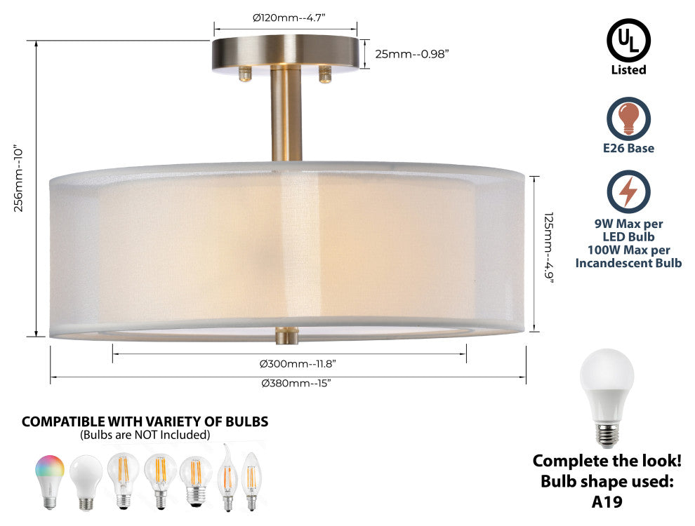 Lazzur Rhine 3 Light 15" Satin Nickel Semi-Flush Mount Ceiling Light