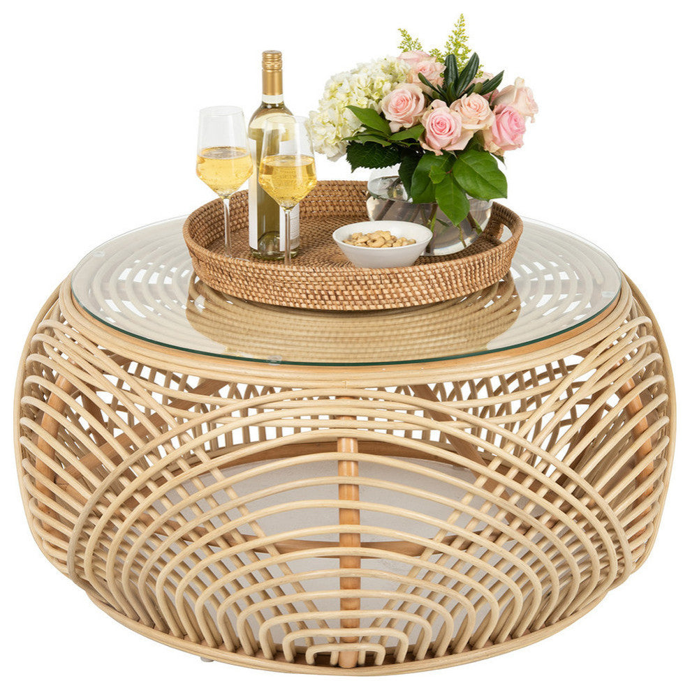 Sibago Rattan Coffee Table With Glass Top, Natural