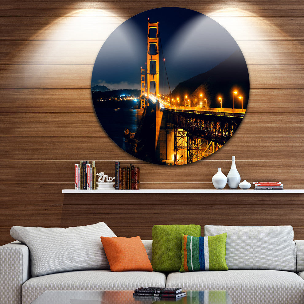 Golden Gate At Night, Sea Bridge Round Metal Wall Art, 11"