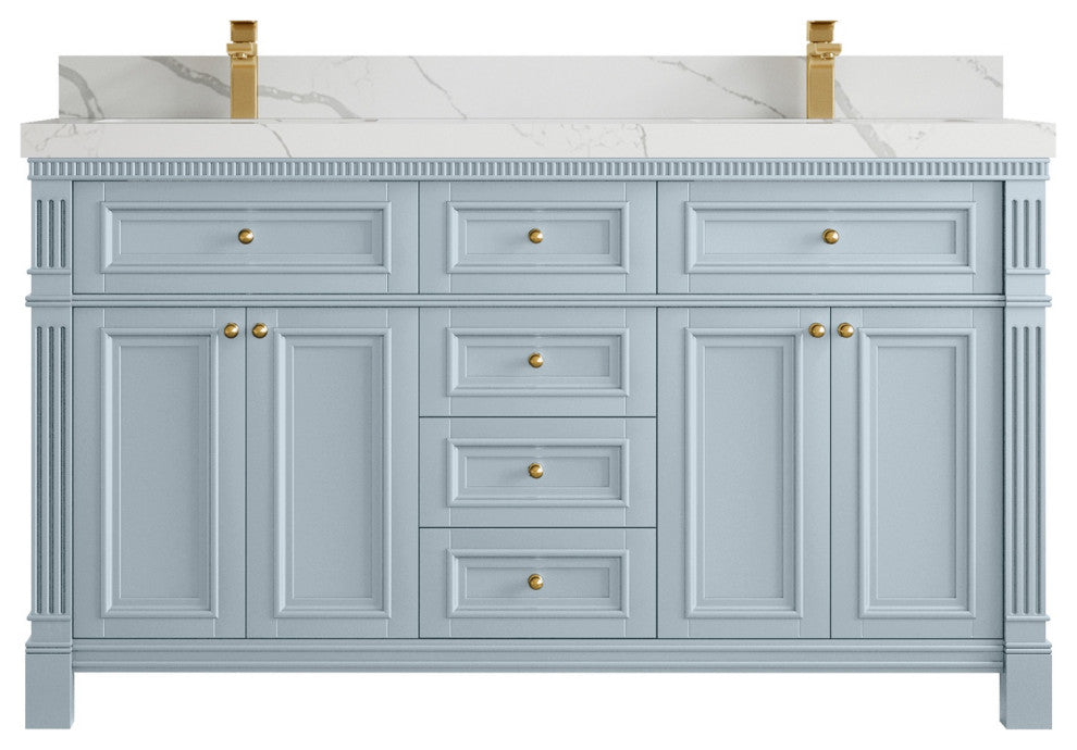 Paris 60" Double Sink Bathroom Vanity, Blue Heather 2" Calacatta Laza