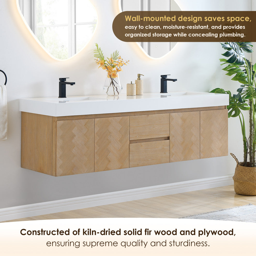 Siena Wall-mounted Single Bath Vanity, Light Brown, 72inch, No Mirror