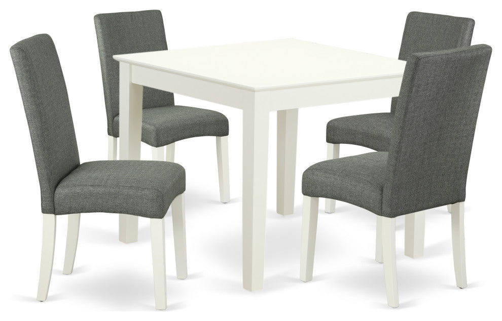 5Pc Square 36" Table, Four Parson Chair, White Finish Leg, Fabric- Gray Color