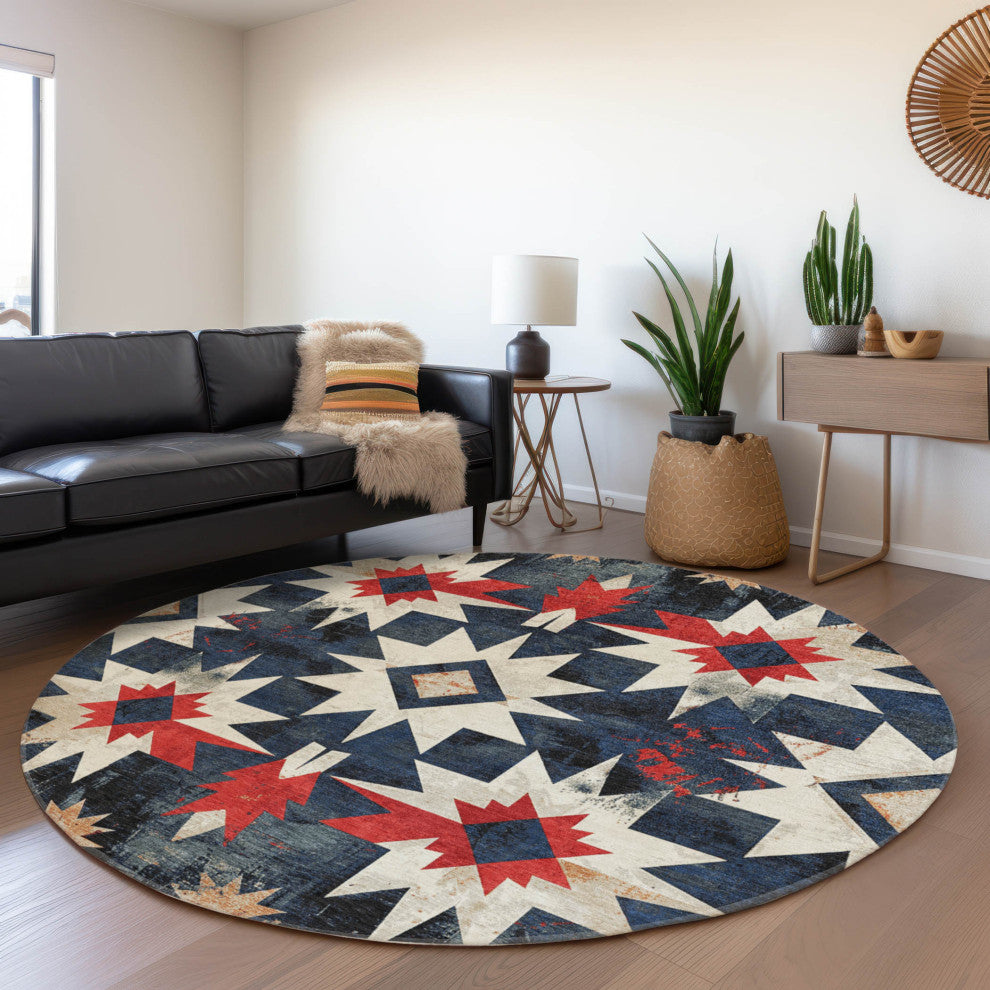 Machine Washable Indoor/Outdoor Chantille ACN1893 Navy 8' x 8' Round Rug