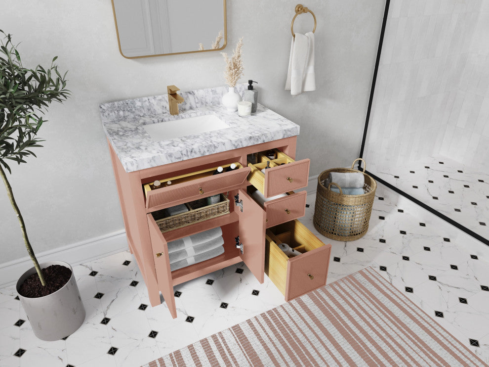 Sonoma 36 Left Offset Reeded  Bath Vanity in Warm Terracotta, 2" Carrara Quartz