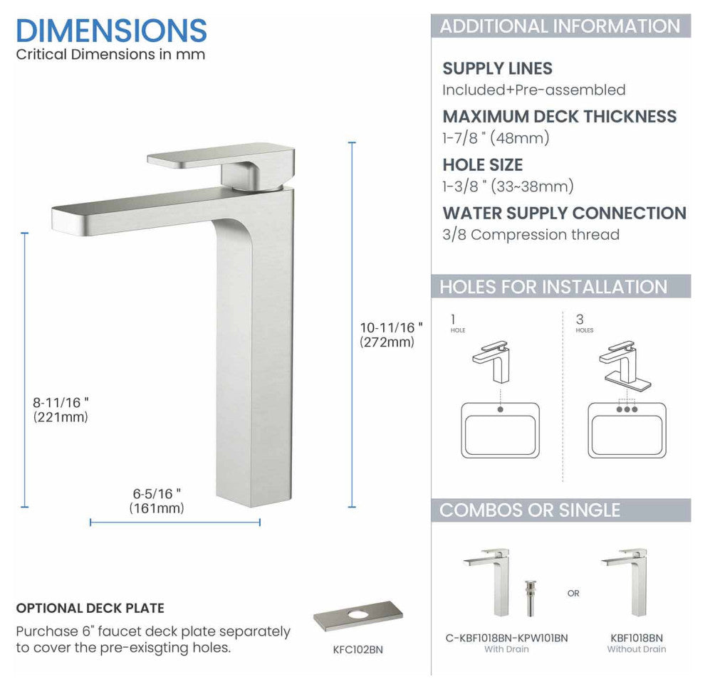 Blaze-T Single Handle Bathroom Vessel Sink Faucet, Brushed Nickel