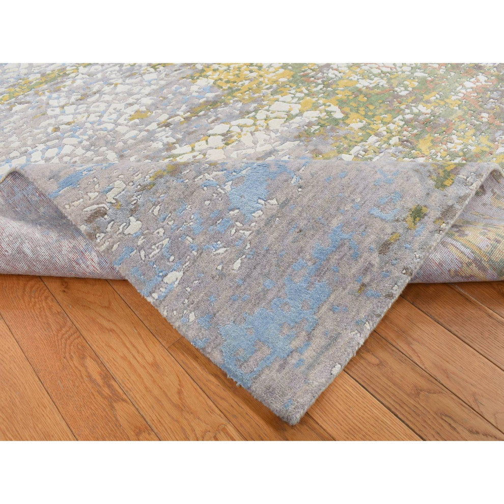Rice White Wool and Silk Erased Roman Mosaic Design Hand Knotted Rug 8'1"x10'1"