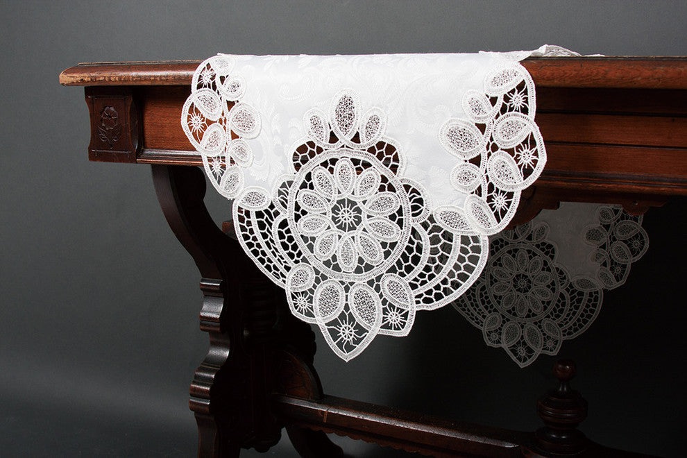 Antebella Lace Embroidered Cutwork Table Runner, White, 15"x108"