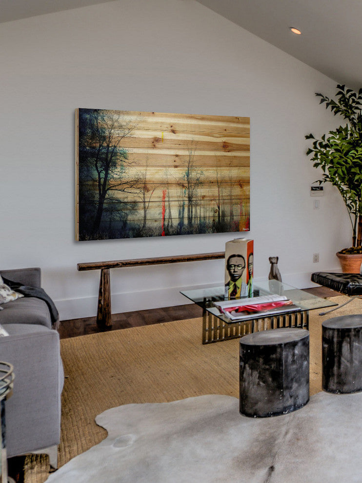 "Tall Tree Silhouette" Painting Print on Natural Pine Wood, 60"x40"