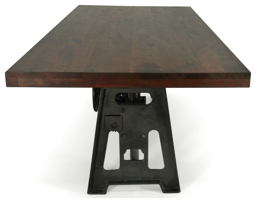 Industrial Dining Table - Cast Iron Base - Adjustable Height Crank - Walnut
