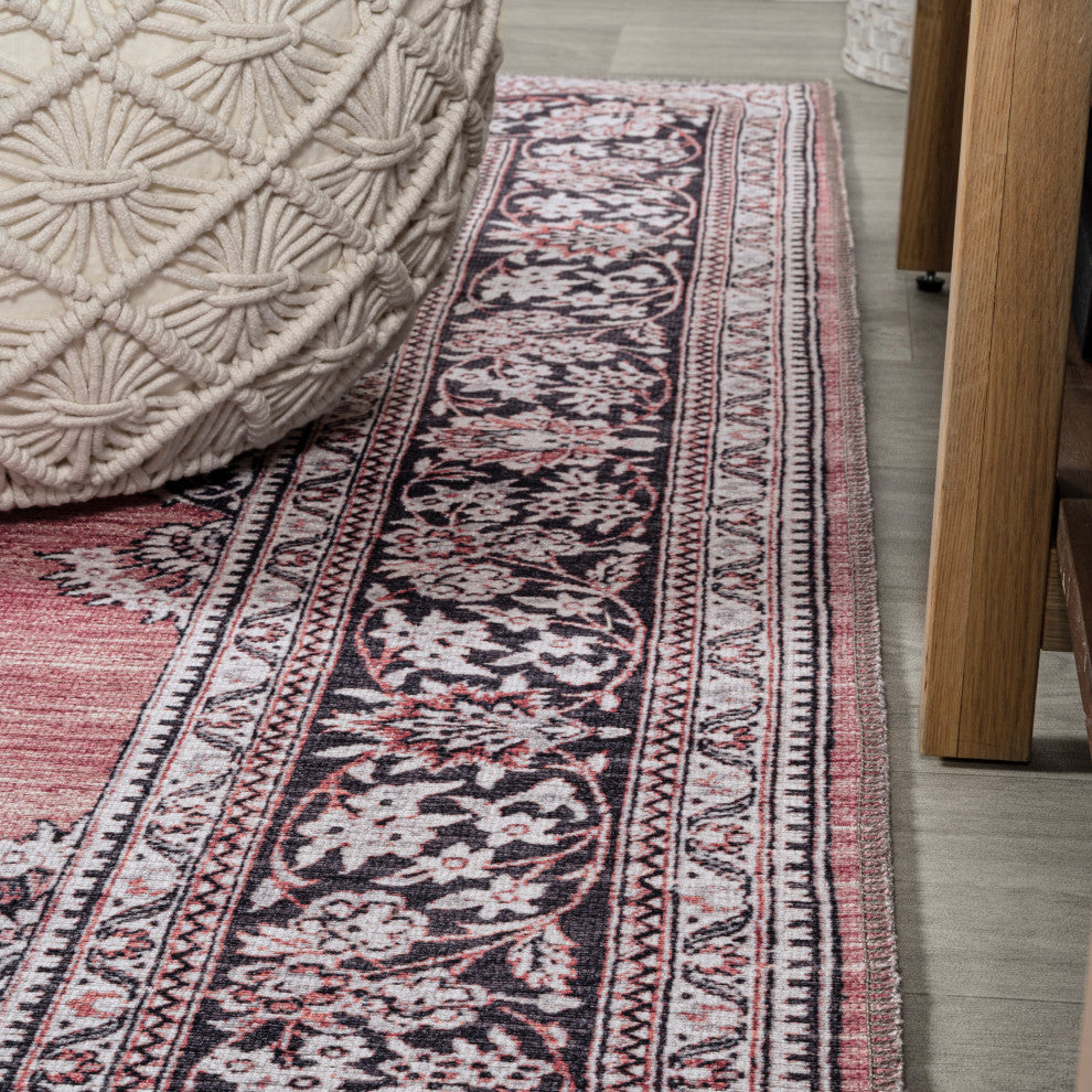 Bausch Distressed Chenille Washable Dark Pink/Black/White 5 ft. x 8 ft. Area Rug