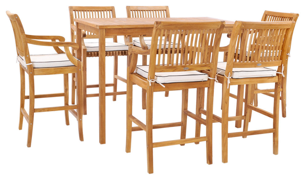 7 Piece Teak Wood Castle 63" Rectangular Bistro Bar Set, 6 Barstools with Arms
