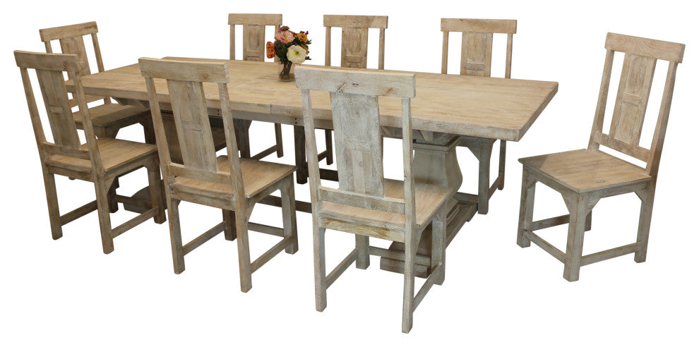 Benedict 9-Piece Dining Set, 106" Extension Table With 8 Chairs, White Wash