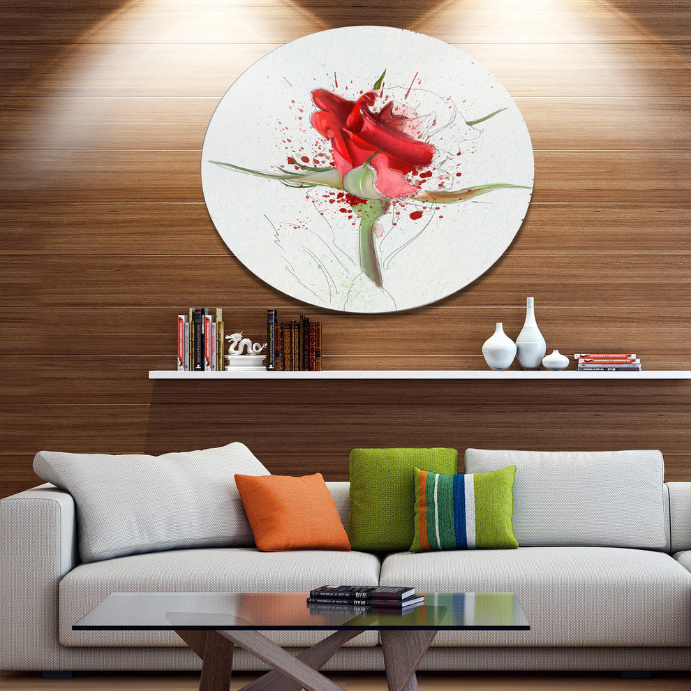 Bright Hand-Drawn Red Rose Sketch, Floral Round Metal Wall Art, 11"