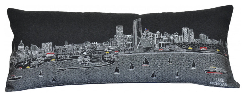 35" Black Milwaukee Nighttime Skyline Lumbar Decorative Pillow