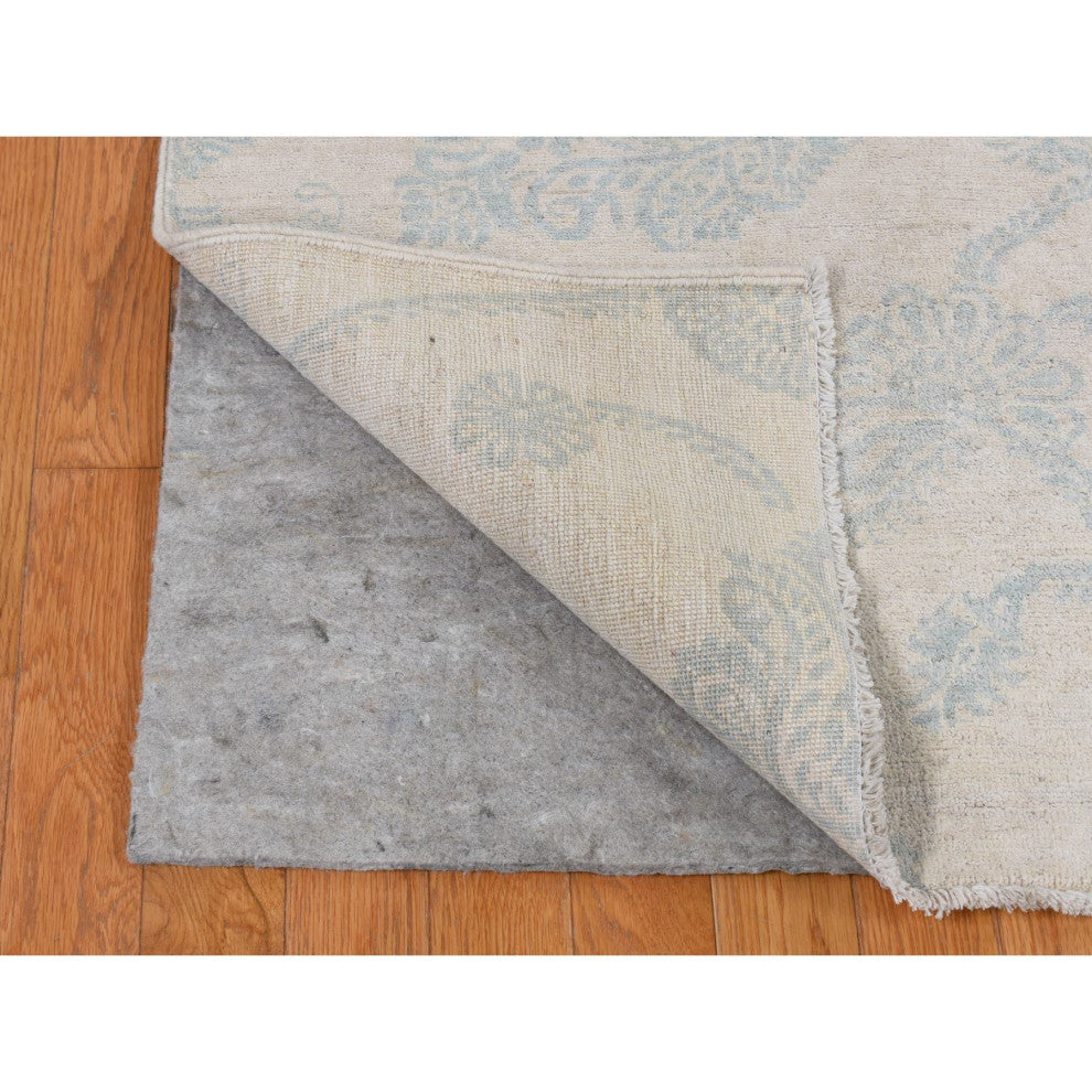 White Peshawar With Oushak Damask Design Pure Wool Hand Knotted Rug 8'x10'1"
