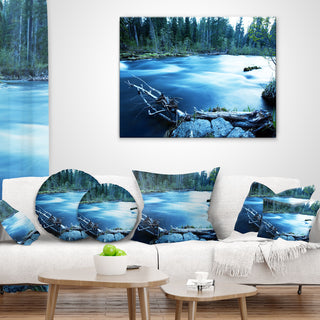 Beautiful Blue River in Forest Landscape Printed Throw Pillow, 16"x16"