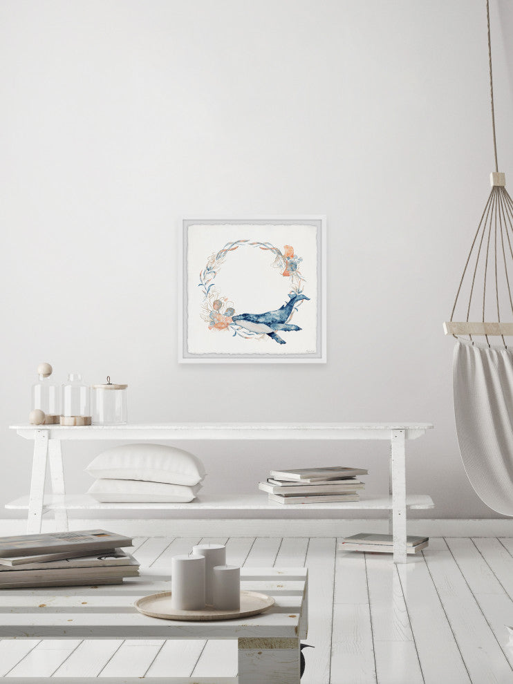 "Flower Crown Whale" Framed Painting Print, 18x18