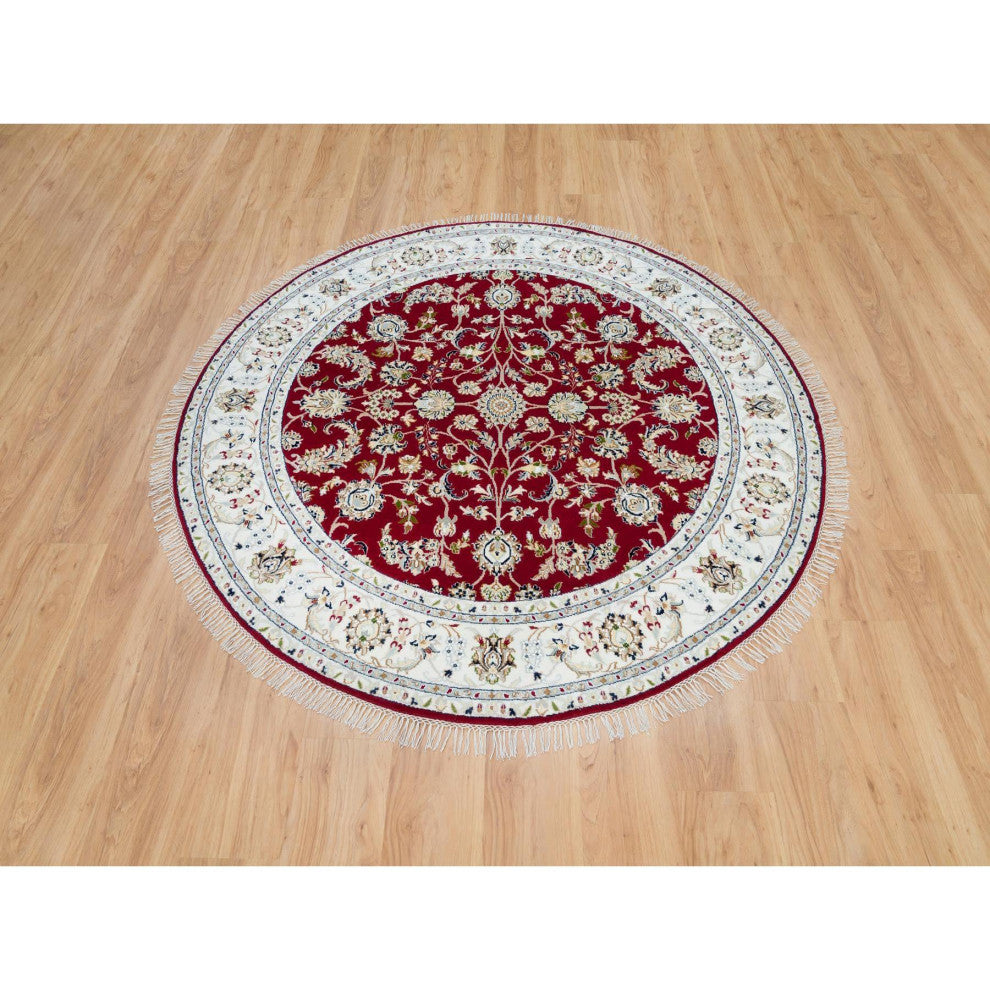 Red, 250 KPSI, Organic Wool, Hand Knotted, Nain Design Round Rug, 6'x6'