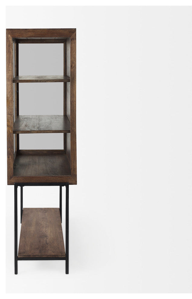 Arelius Medium Brown Solid Wood w/Black Metal Base Display Cabinet