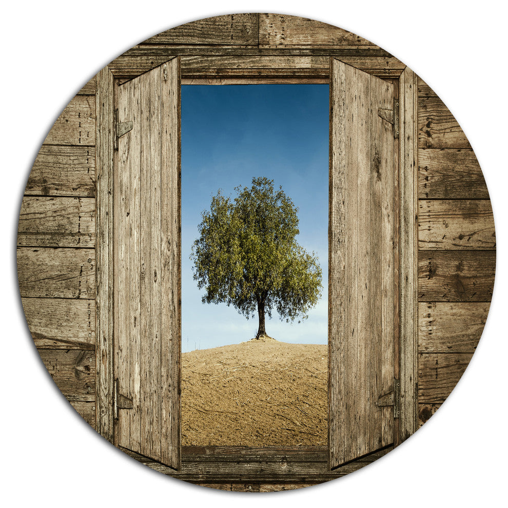 Window Open To Solitary Tree, Landscape Round Metal Wall Art, 23"