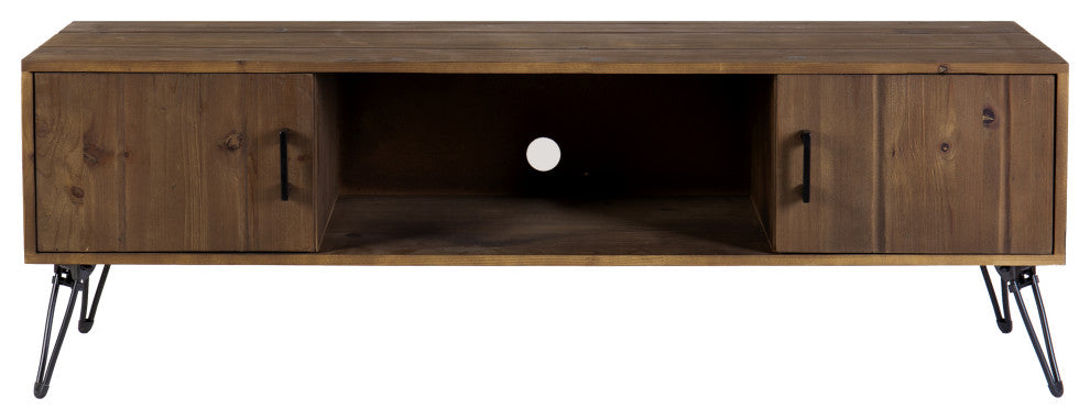Benzara UPT-273092 Wood Rectangle TV Stand Media Console, 2 Doors, Natural Brown