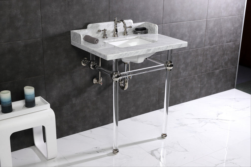 Kingston Brass LMS30MASQ6 30" Carrara Marble Console Sink, Acrylic Legs