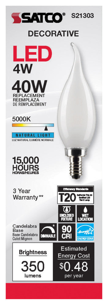 4W CA10 LED, Frost, Candelabra Base, 90 CRI, 5000K, 120V