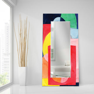 Abstract Rectangular Beveled Wall Mirror on Free Floating Printed Tempered Glass