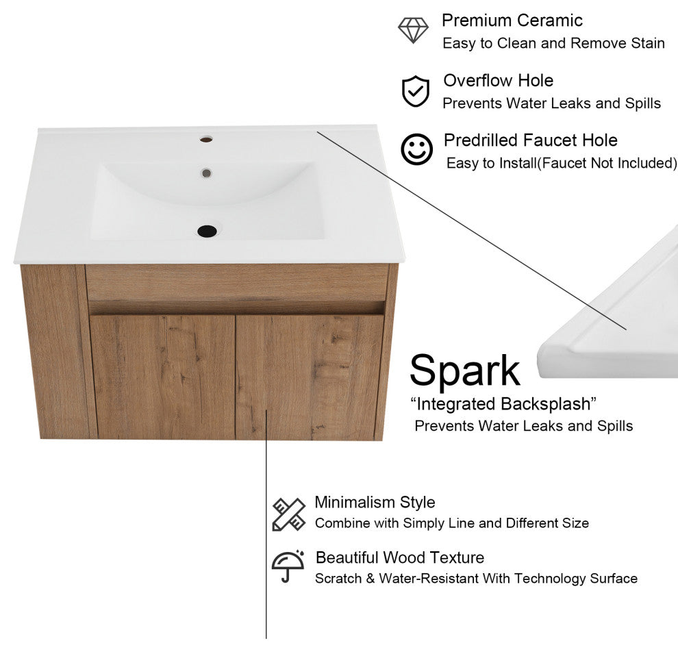 30 inch Wood Wall-Mounted Bathroom Vanity Set with Integrated Resin Sink, Imitative Oakï¼Œwhite