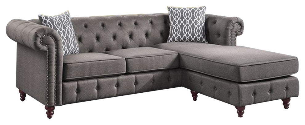 Benzara BM251169 Reversible Sectional Sofa, Button Tufting and Rolled Arms, Gray