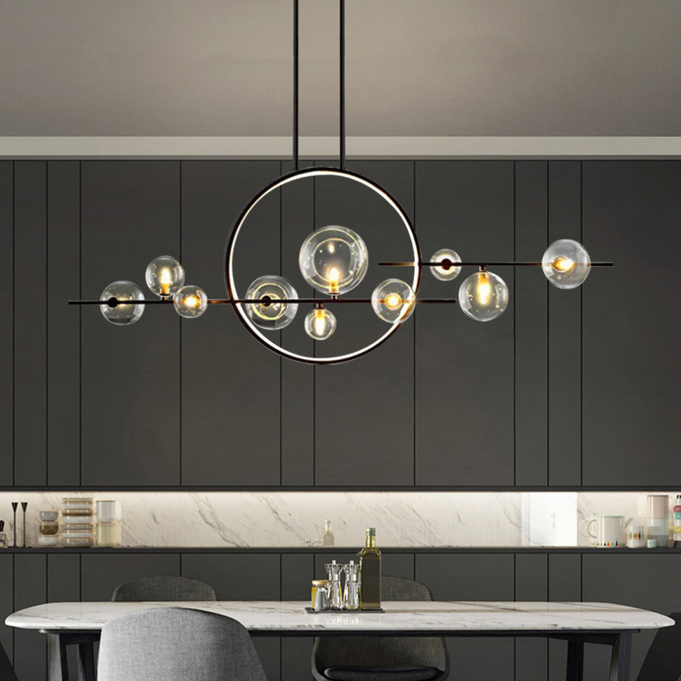 Bubi Modern Kitcehn Island Light for Dining Room with Glass Globe Shade, Black, 10-Light