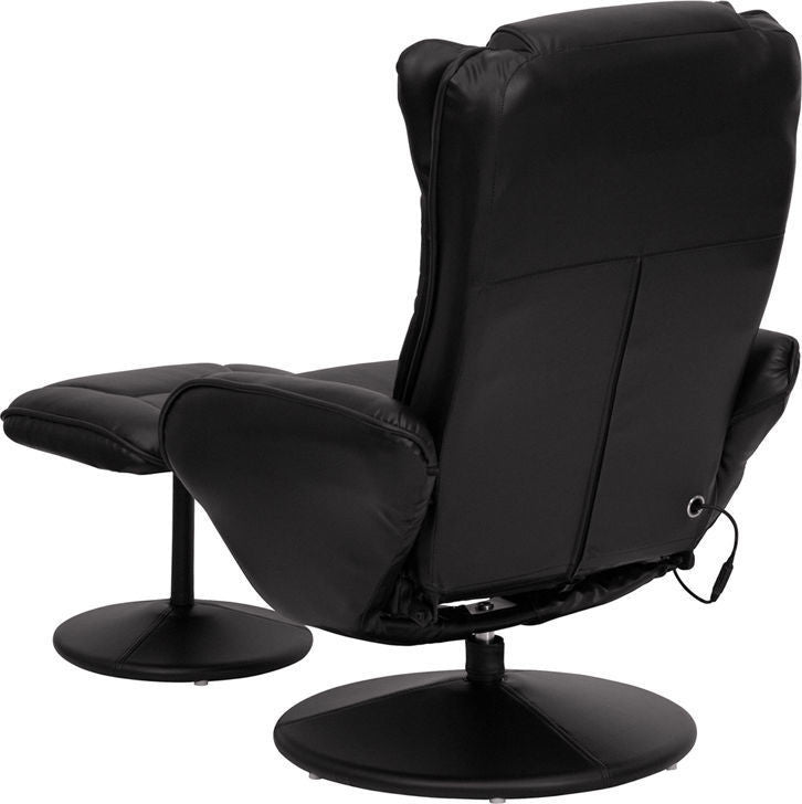 Massaging Black Leather Recliner and Ottoman With Leather Wrapped Base
