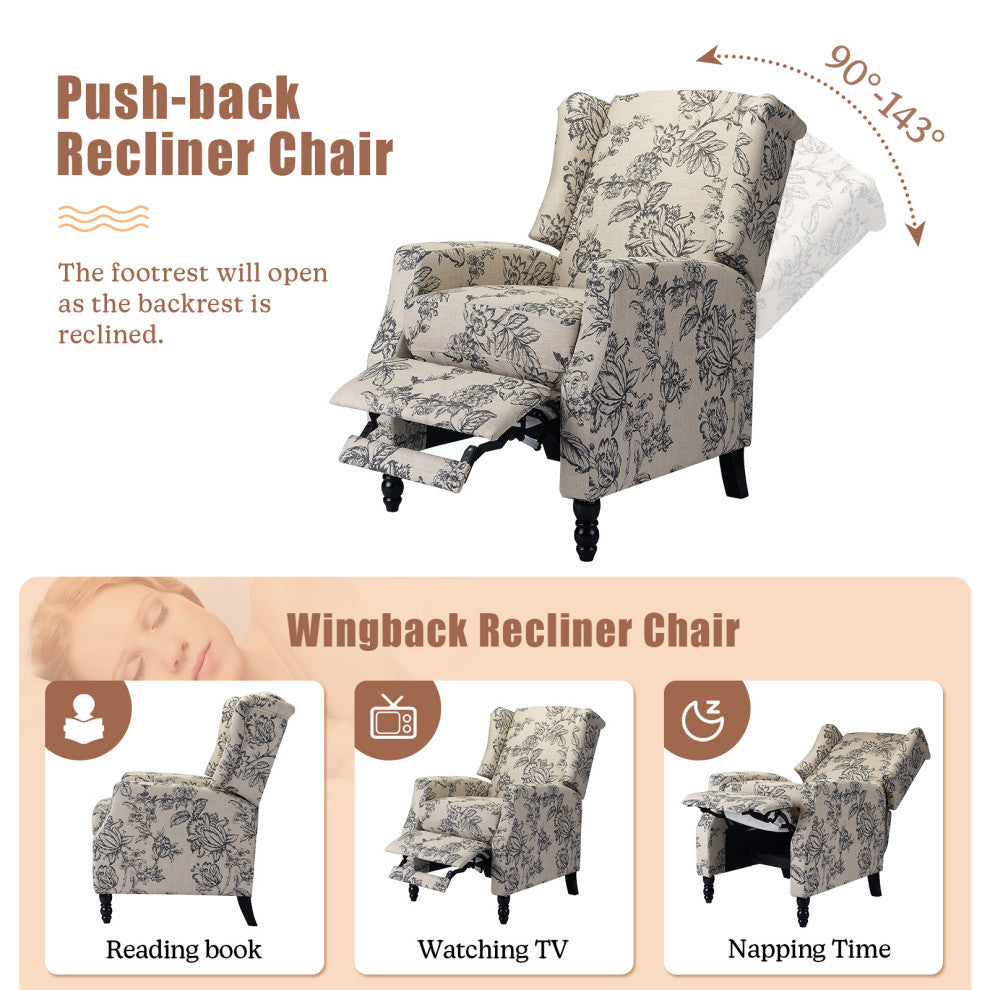 Upholstered Manual Recliner With Wingback, Indigo
