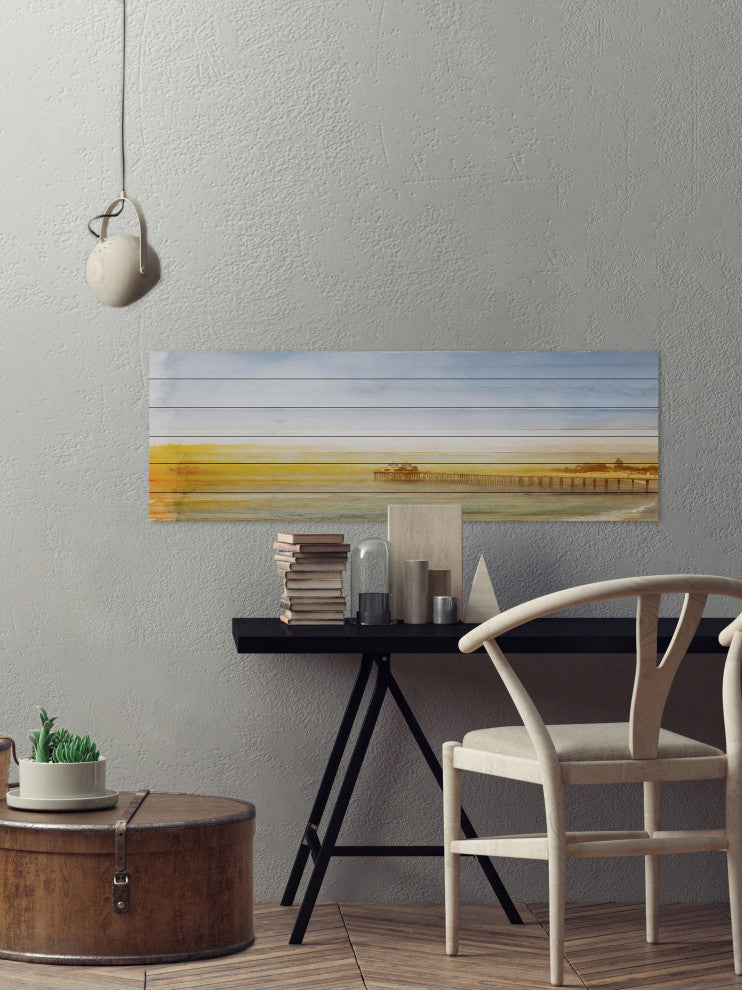 "Malibu Pier" Print on White Wood, 45"x15"