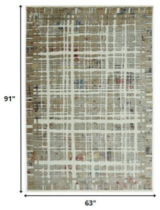 5"x8" Ivory Khaki Distressed Plaid Area Rug