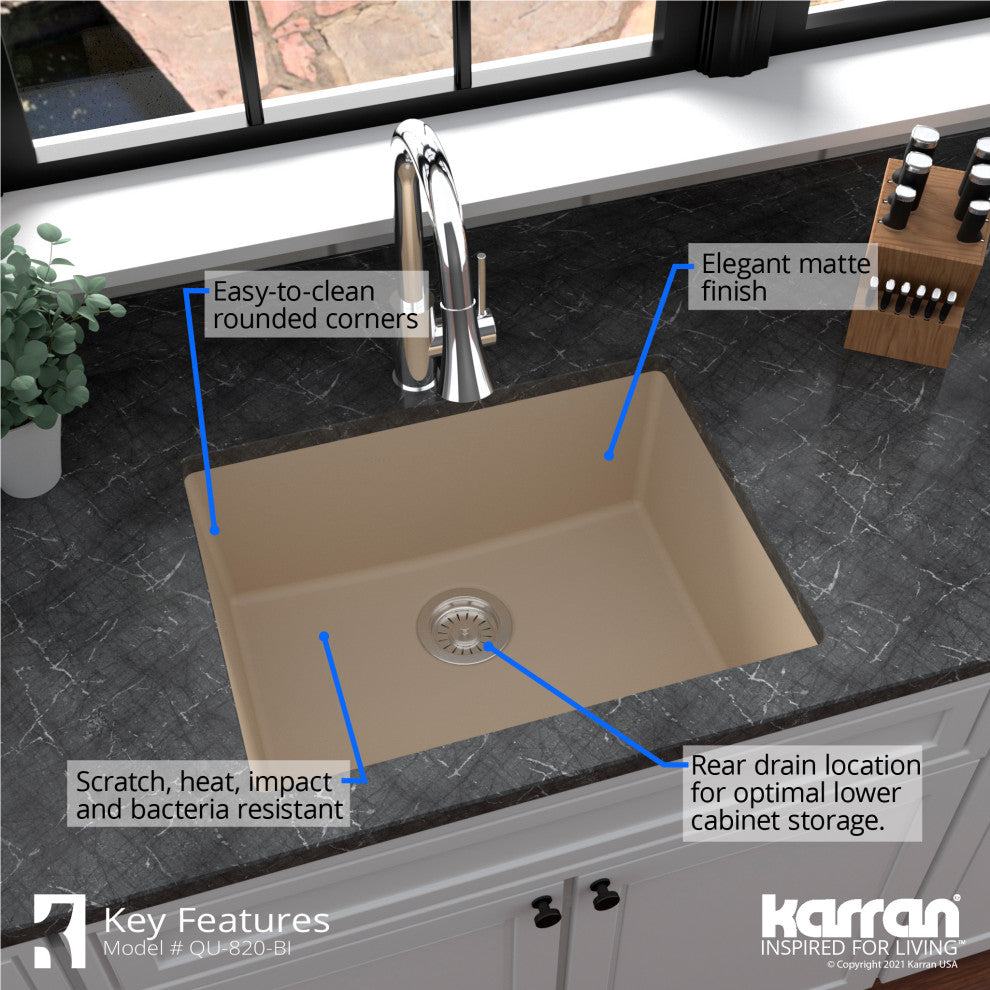 Karran QU-820 Undermount 24.38, Single Bowl Quartz Sink Kit, Bisque