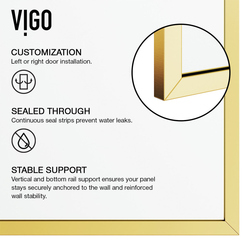 VIGO Zenith Frameless Fixed, Matte Gold, Shower Screen, 34" W X 74" H, Clear Glass