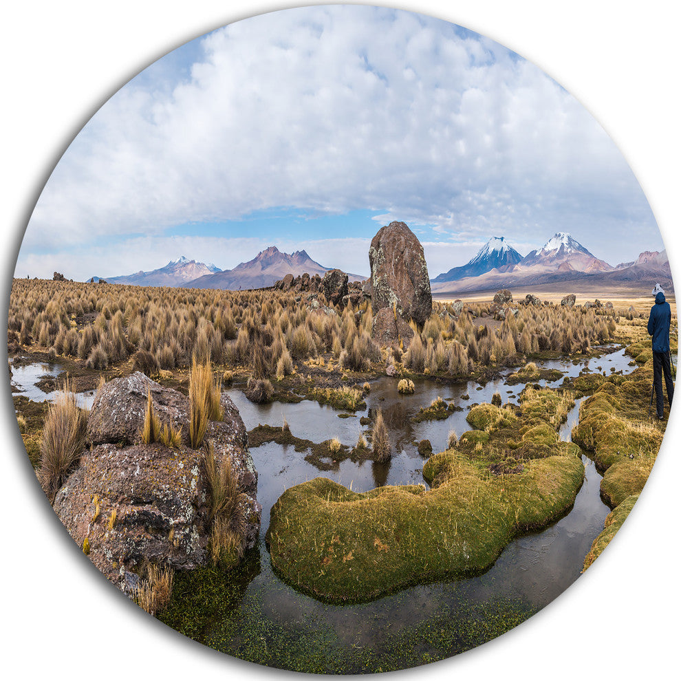 Bolivia Volcanoes Panoramic View, Landscape Disc Metal Wall Art, 23"