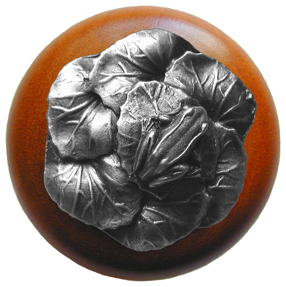 Leap Frog Wood Knob, Antique Brass, Cherry Wood Finish, Antique Pewter